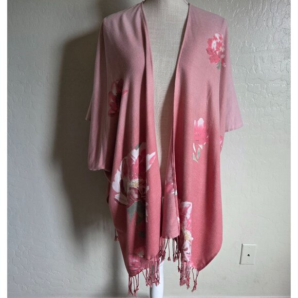 Chico's Floral Fringe Ruana Kimono Wrap Ombre Pink Women's One Size Open Front - Picture 8 of 10
